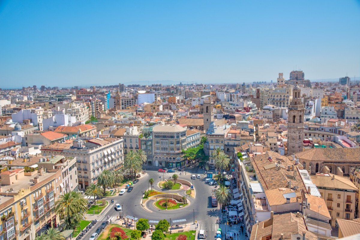 Aerial view over the old town of Valencia with Plaza de la Reina